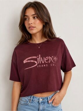 Silver Jeans Co Burgundy Cropped Graphic Tee Size M Y2K Logo T-Shirt